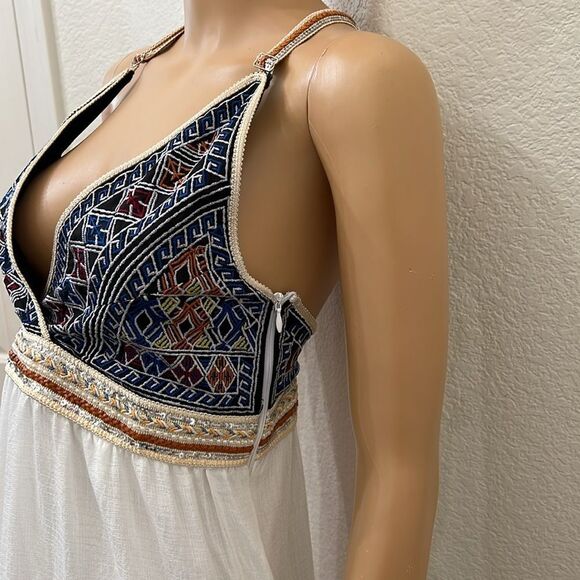 L'ATISTE White Tiered Sundress Maxi Halter Embroidered Sequins Bohemian Pearls - Picture 4 of 17